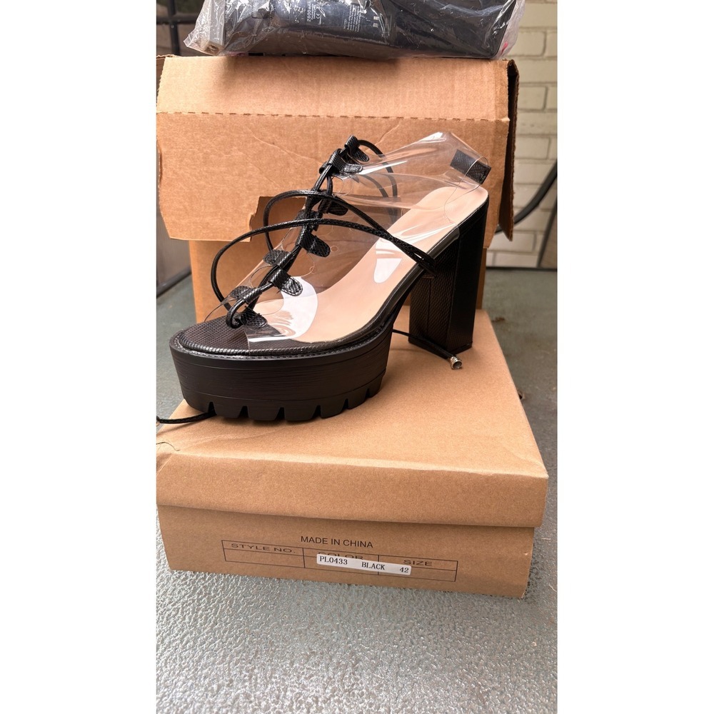 Black Clear Platform Lace Up Block Heel Sandals Lug Sole PL0433 Size 42 NEW